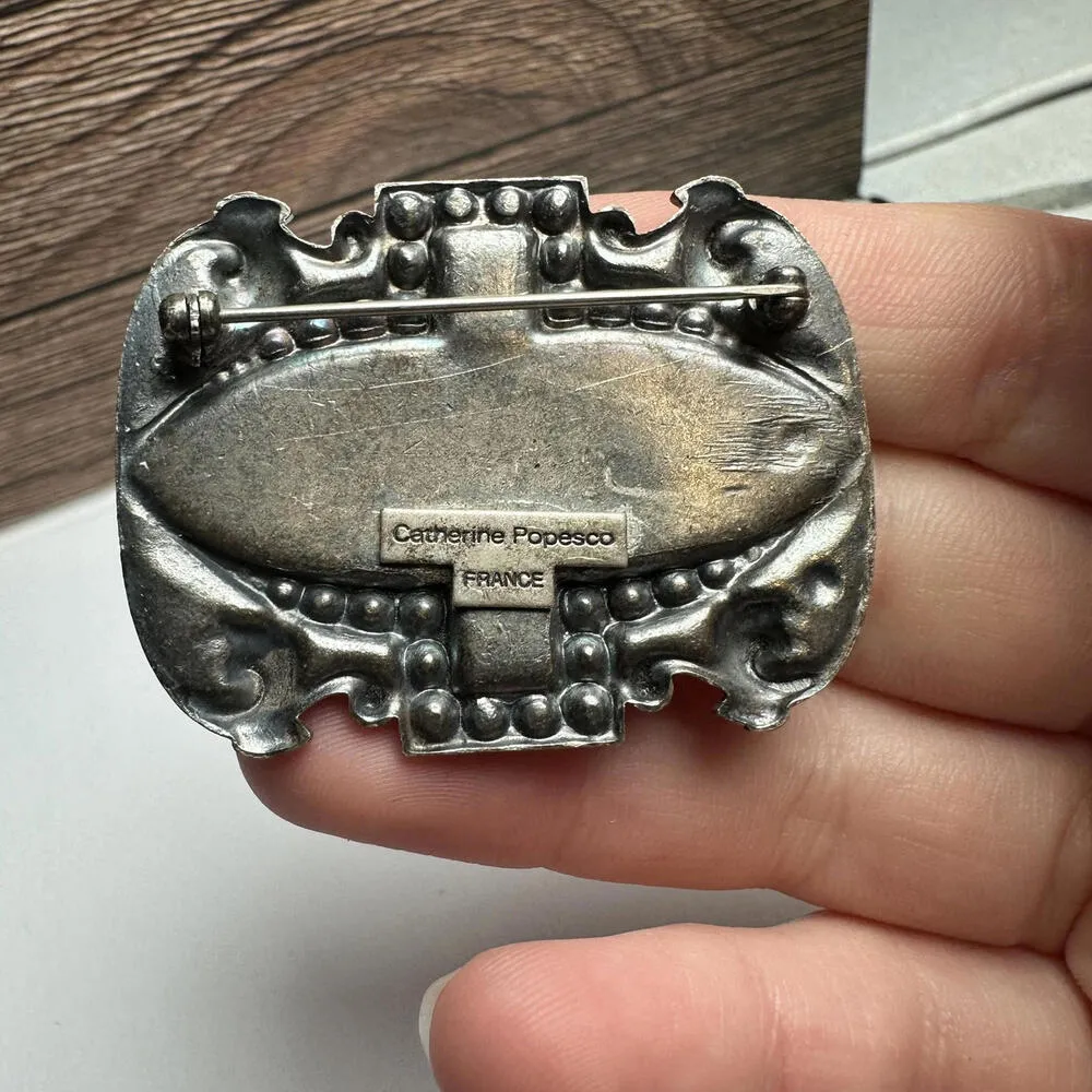 Catherine Popesco France Green & Black Enamel With Rhinestone Brooch Pin - Image 9