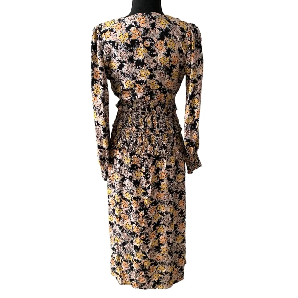 AFRM Nordstrom v neck black yellow orange floral midi hazel smocked dress - Image 6