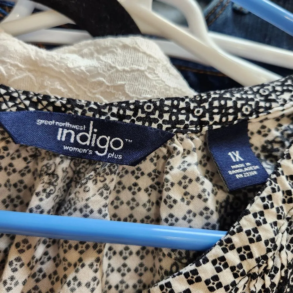 Great Northwest Indigo Sleeveless Floral Blouse Black White Flowy Size 1X - Image 8