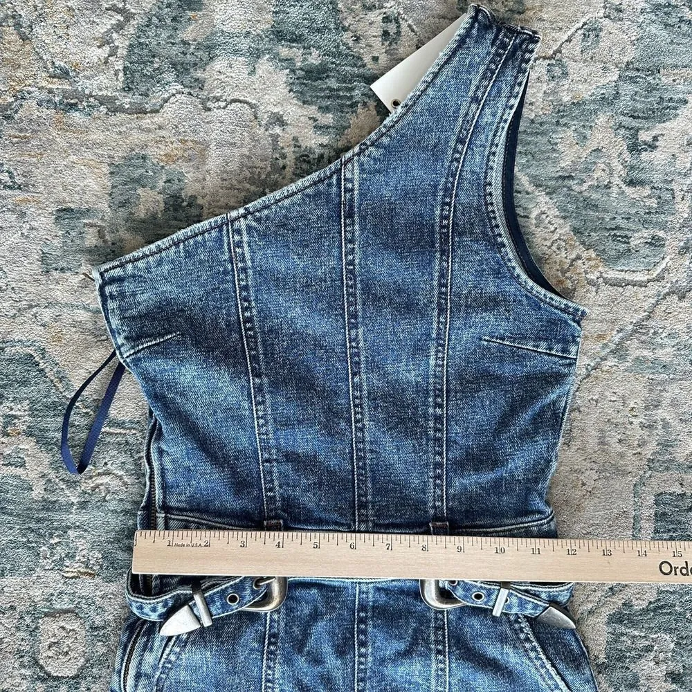 Retrofete Dress Womens XS Denim Fitted Belted Festival Boho Fringe Cowgirl Jean Blue - Image 14