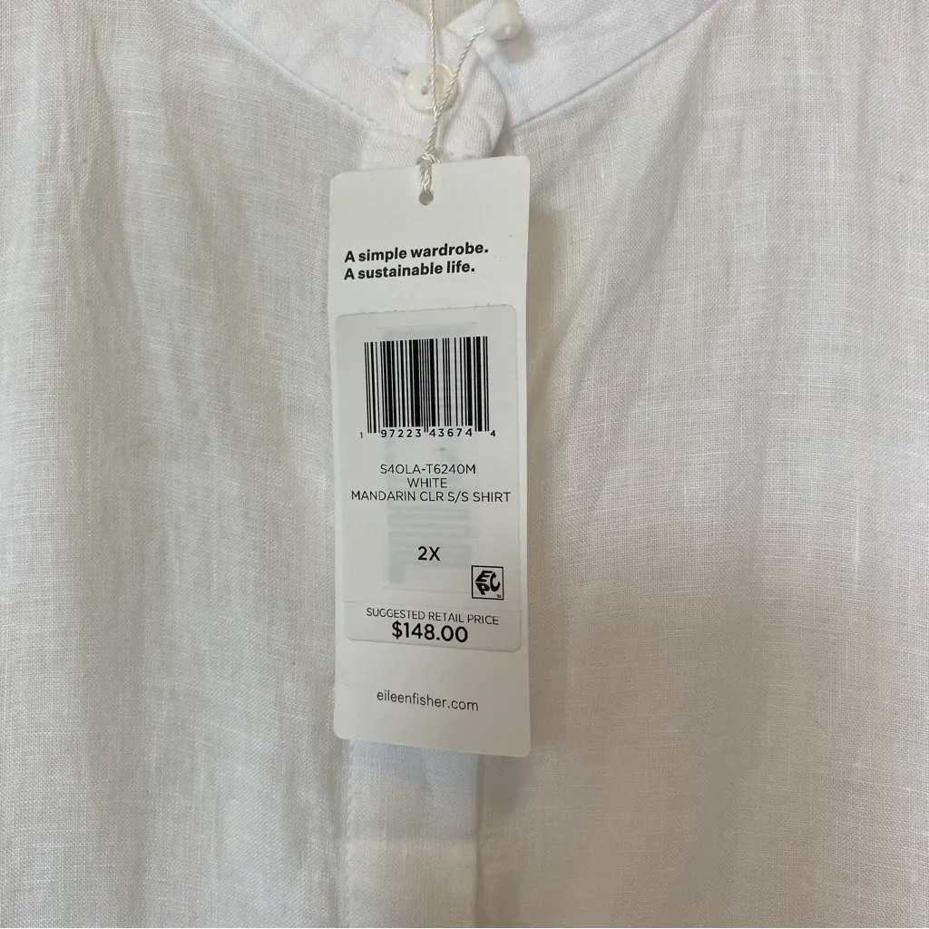 EILEEN FISHER NEW Handkerchief Linen Mandarin Collar Button Down Shirt White 2XL - Image 5