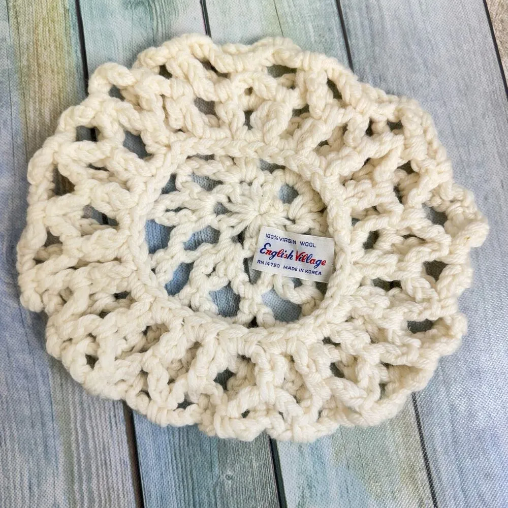 English Village Virgin Wool Knit Beret Ivory Hat 1970s Boho Cap Made in Korea - Image 6