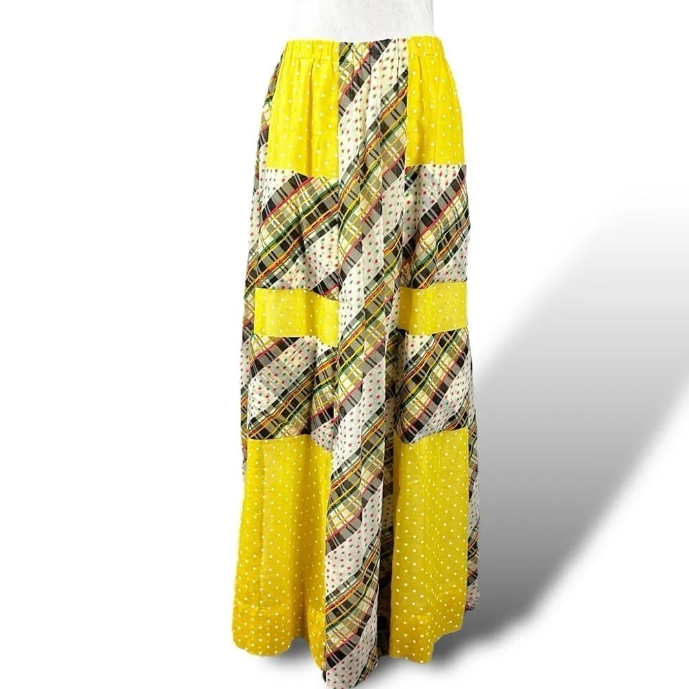 Vintage 70s Chessa Davis Bohemian Prairie Patchwork Maxi Skirt Small Medium Yellow - Image 6