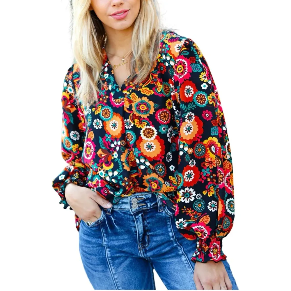 NEW HAPTICS BLACK/MAGENTA FLORAL READY FOR THE DAY SMOCKED BLOUSE - Image 9