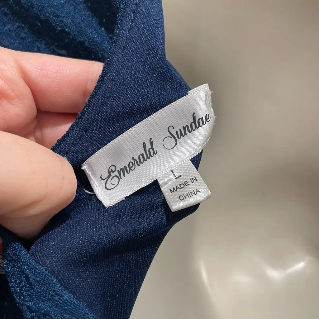 Emerald Sundae One-Shoulder Mini Dress Navy Blue Shimmer Women’s Size Large - Image 9