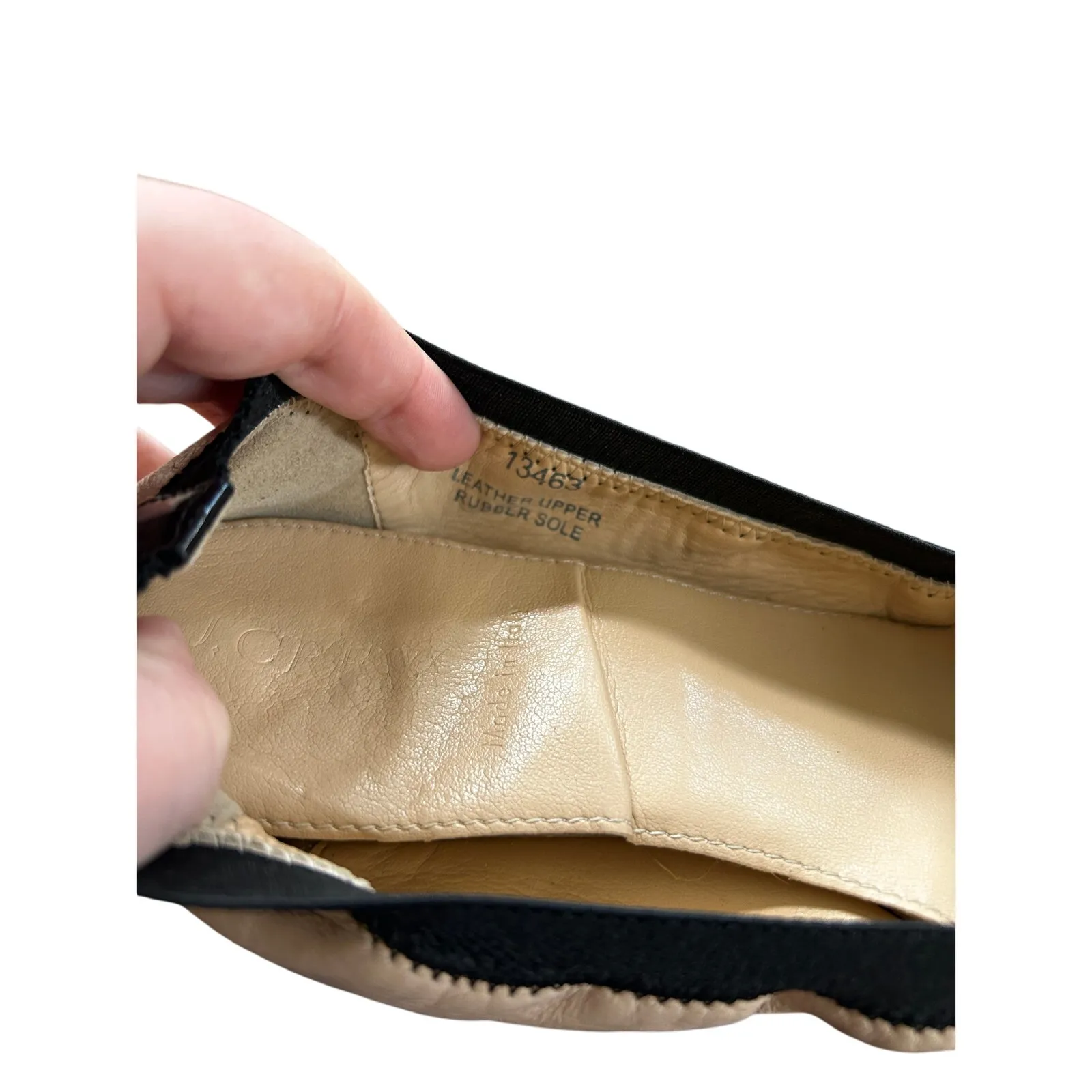 J.Crew Nude Leather Black Trim Cap Toe Slip On Elastic Flats - Image 6