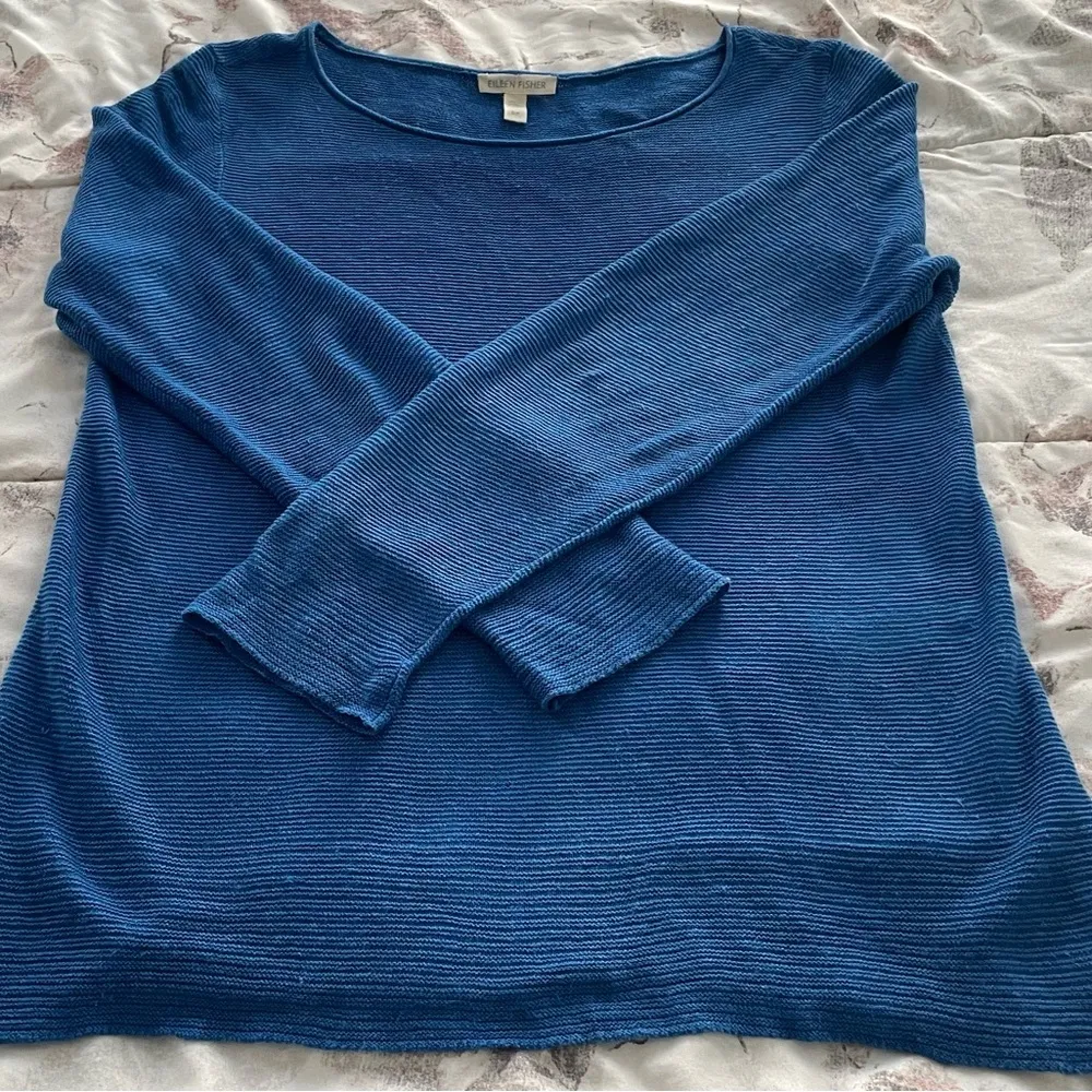 Eileen Fisher 100% organic linen blue knit long sleeves lagenlook top, size S - Image 7
