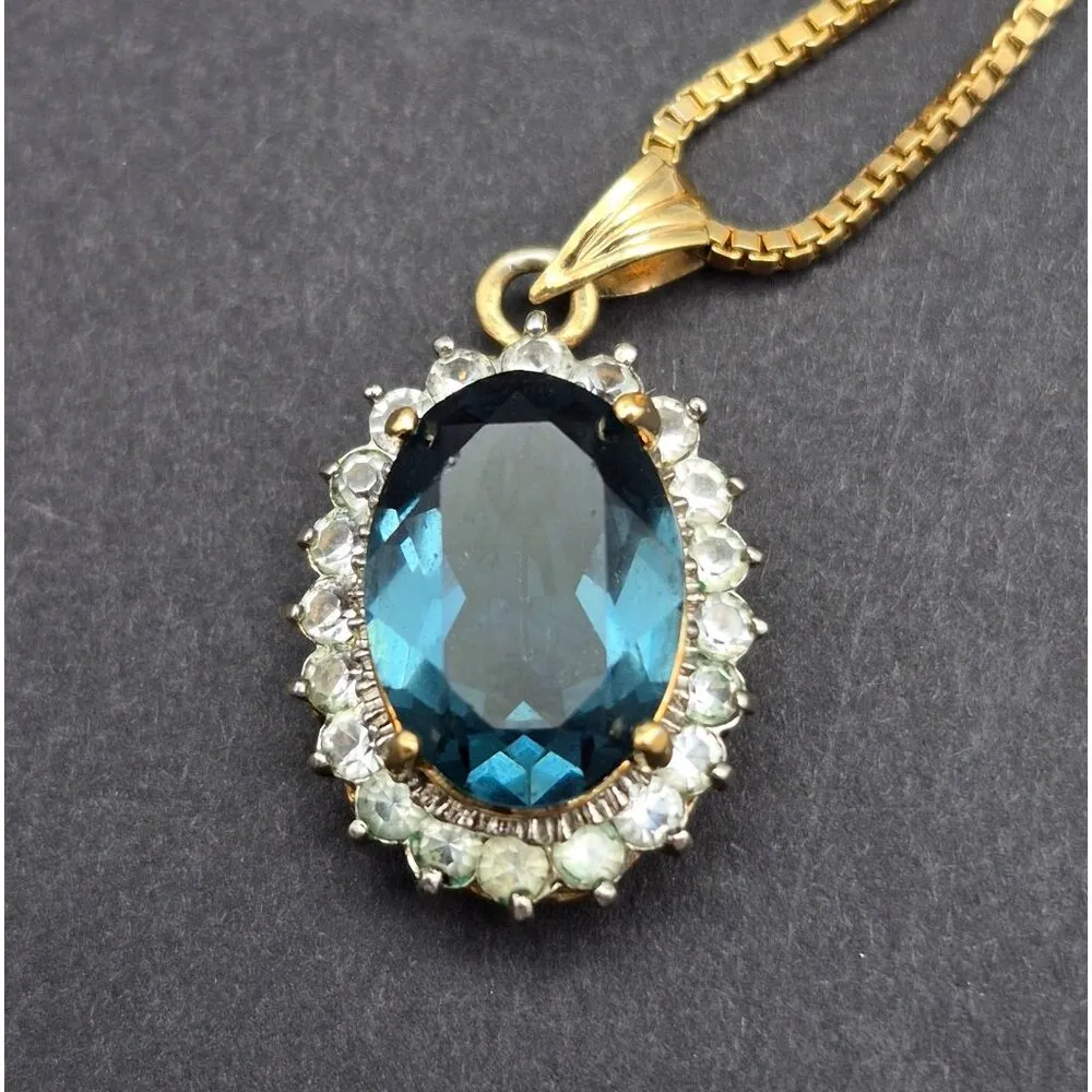 Gold Tone Box Chain Necklace Blue Stone Oval Pendant Clear Crystal Trim 18" - Image 7