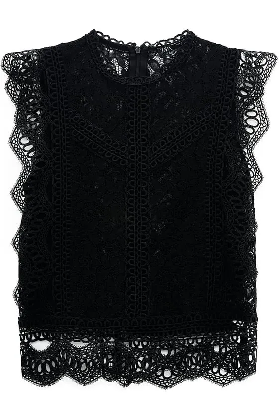 ZARA Black Semi Sheer Lace Top Blouse - Image 2