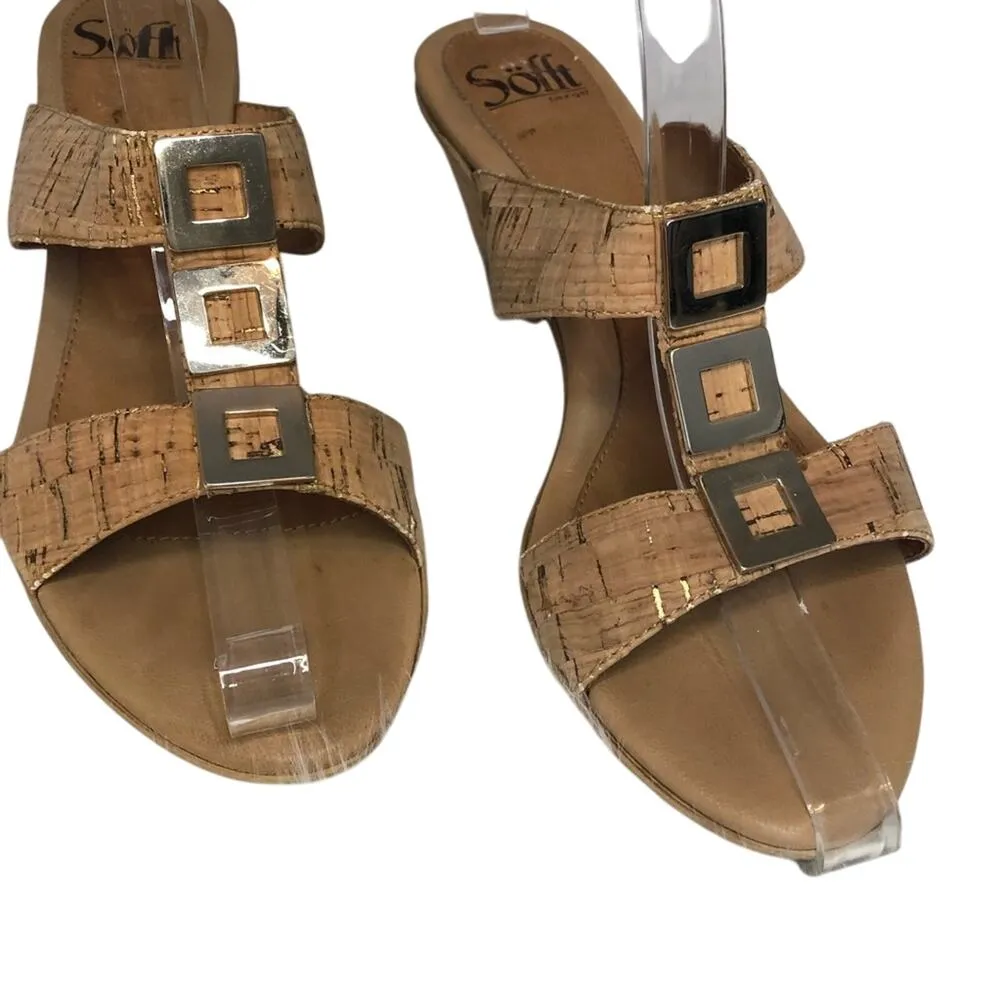 Sofft Cork Peep Toe Sandals Gold Size 8.5 - Image 3