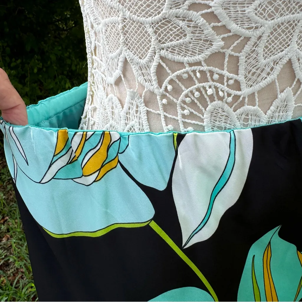 Russell‎ Scott 100% Silk Floral Knee Length Skirt Teal Black Mermaid Size 8 Blue - Image 7