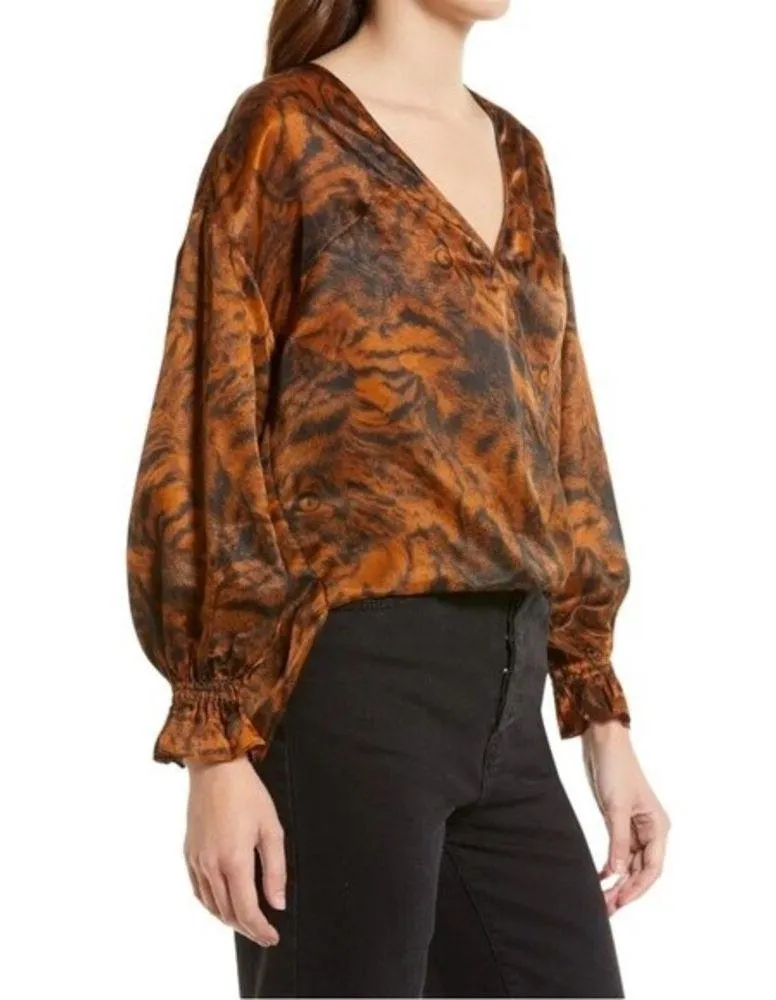 NWT AllSaints Penny Grizedale Cat Print Silk Blouse Copper Black Size 0 | XS NEW - Image 13