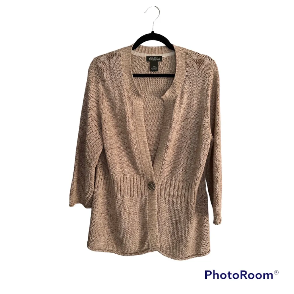 Eddie Bauer ramie Cotton blend Tan/khaki 1 button cardigan XL 3/4 Sleeve Euc - Image 2