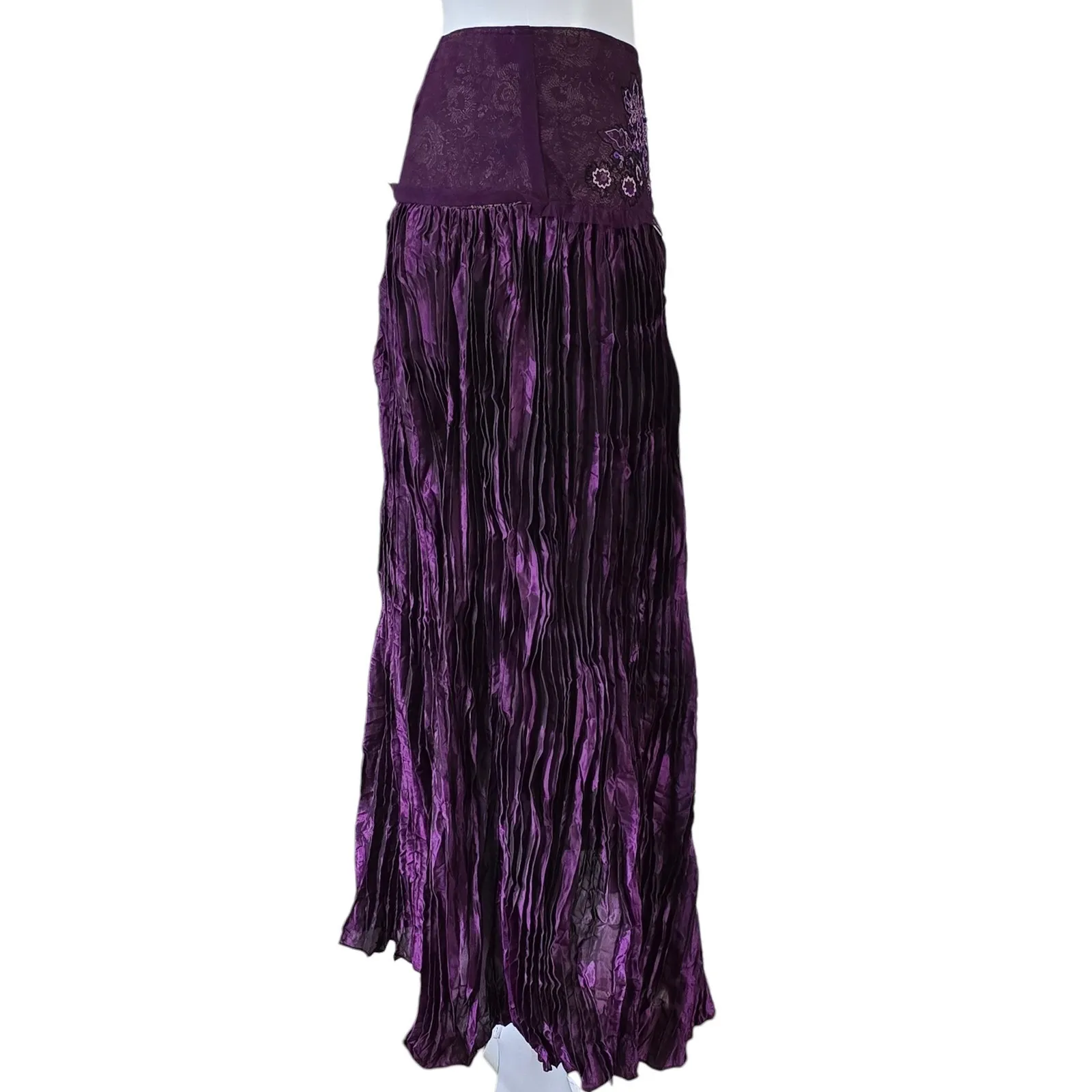 West End Y2K Purple Crushed Pleated Maxi Skirt Beaded Waist Bohemian Festival M Size M - Image 4