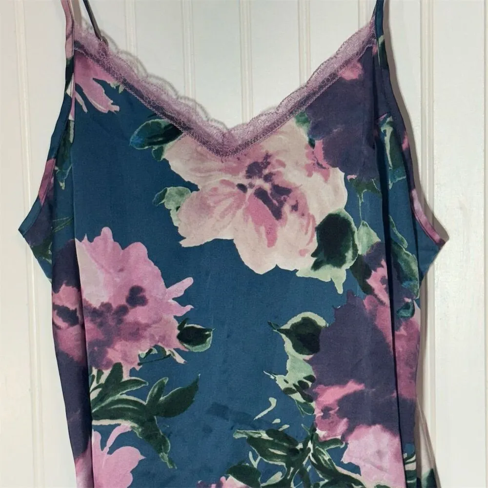 Midnight Bakery Pastel Floral Y2K Lace Cami Tank Top Size XL Satin Feel Romantic Blue - Image 2