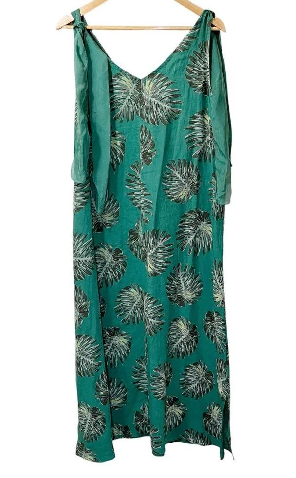Cristina Vergani 100% Linen Tie Shoulder Palm Print Maxi Dress XL - Image 2
