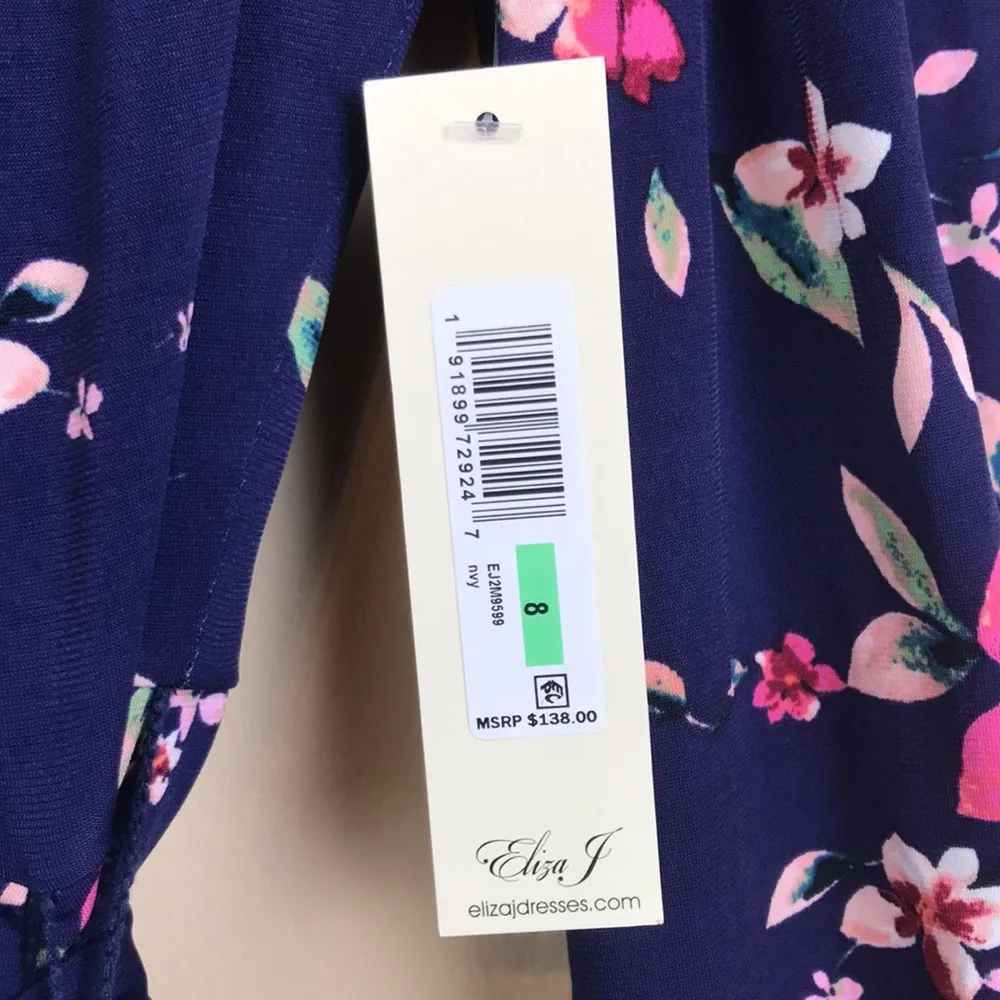 NWT Eliza J Women’s Floral Navy Blue Puff Sleeve Waist Tie Leg Slit Long Dress - Image 11