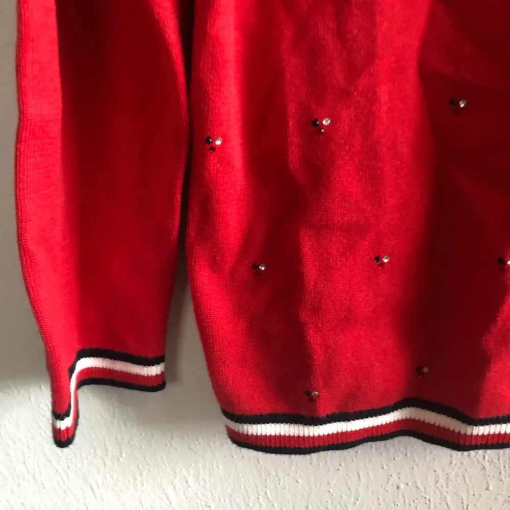 Tommy Hilfiger Sweater Red White Blue Bejeweled V Neck L EUC Y2K Varsity Stripe - Image 3