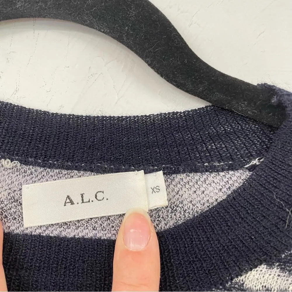 ALC Blue Animal Print Knit Crew Neck Sweater Womens XS Zebra Stripe Sheer Preppy - Image 8