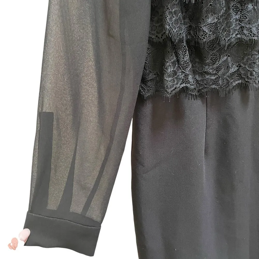 Mikael Aghal Vintage Black Sheer Lace Long Sleeve Button Front Sheath Dress 10 - Image 4