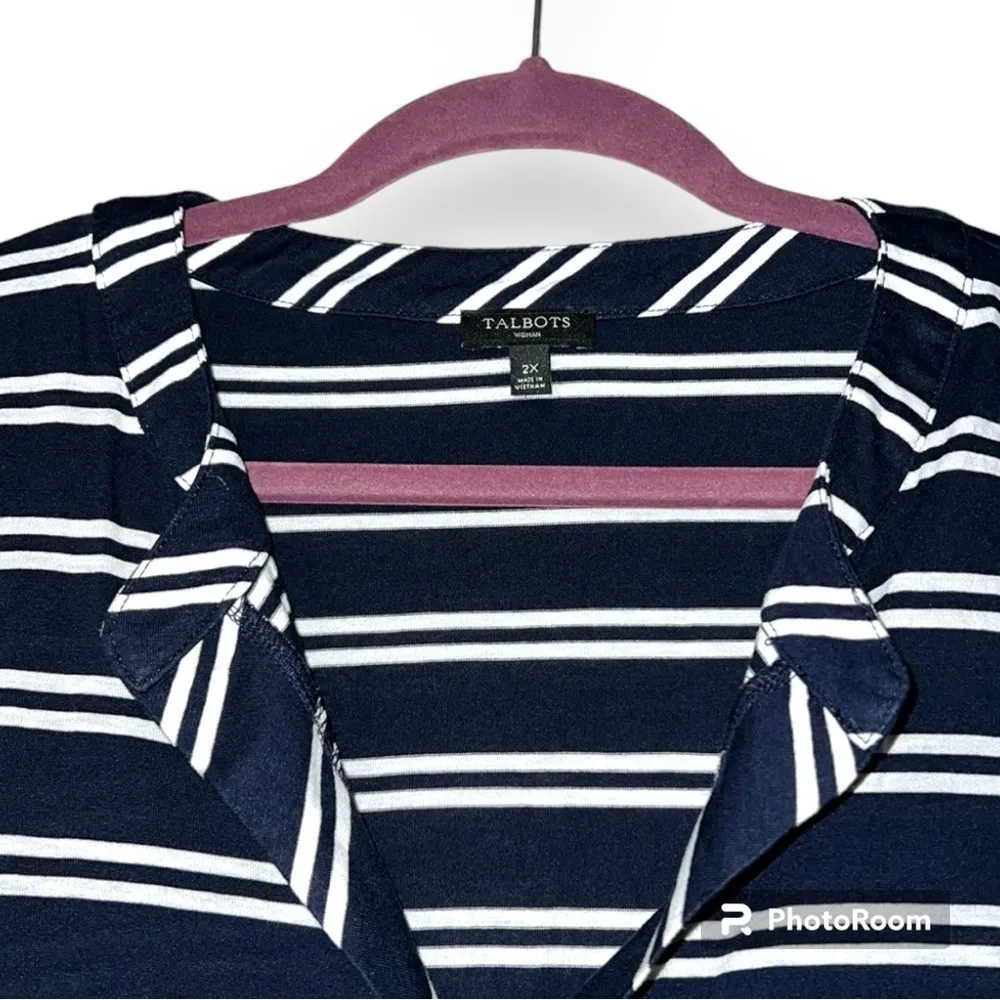 TALBOTS WOMAN size 2X dark blue white v neck striped 3/4 sleeve blouse hi low - Image 9
