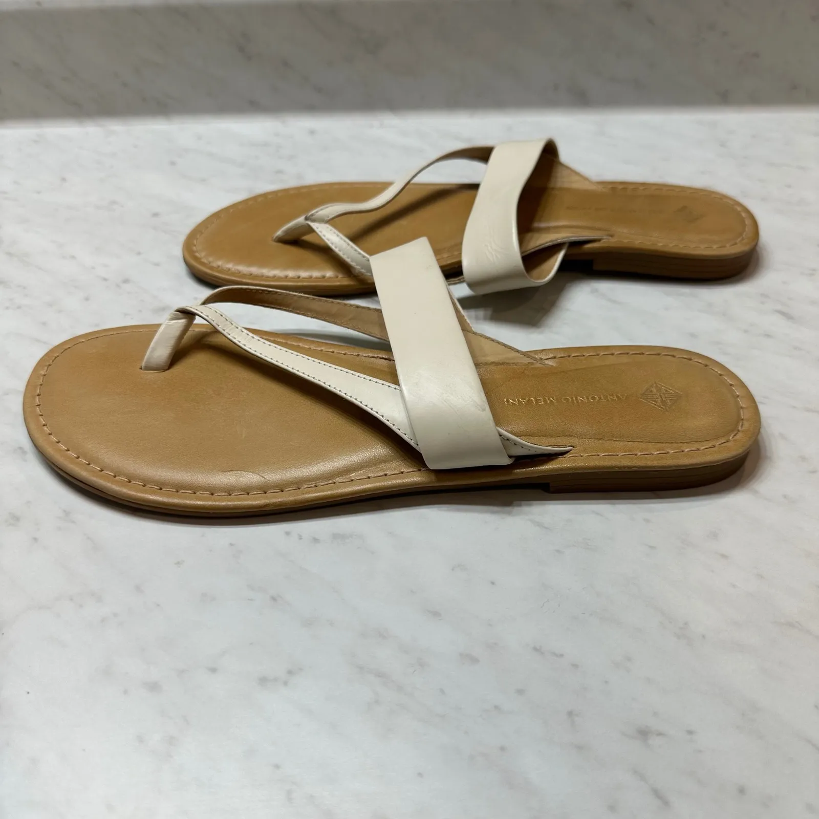 Antonio Melani Cream Lanessa Leather Thong Sandals‎ Minimalist Strappy Flats 10 - Image 2