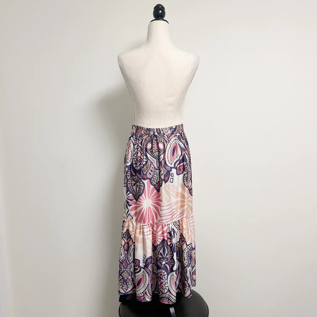 BASH BA&SH Janel Pink Purple Boho Print Lightweight Pleated Satin Midi Skirt - Image 6
