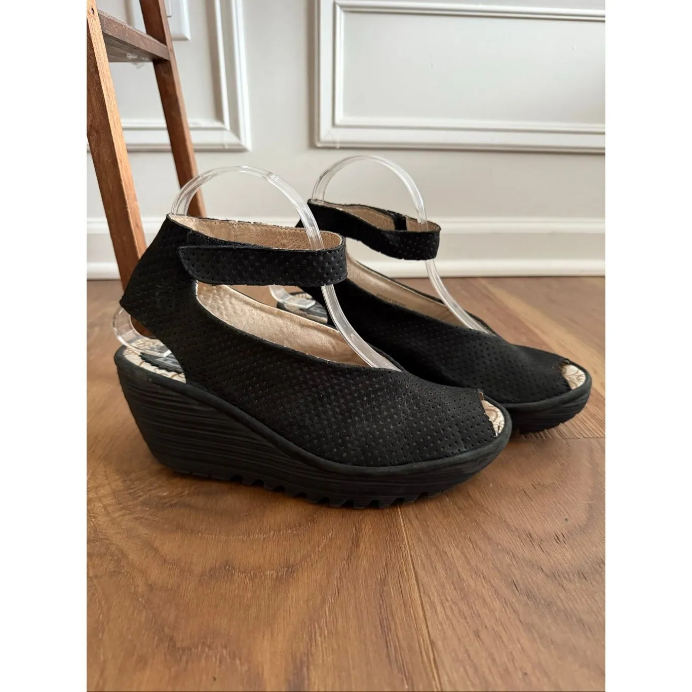 Fly London Yala Hook & Loop Wedge Sandal Black Perforated Nubuck $240 38 7.5 - Image 4