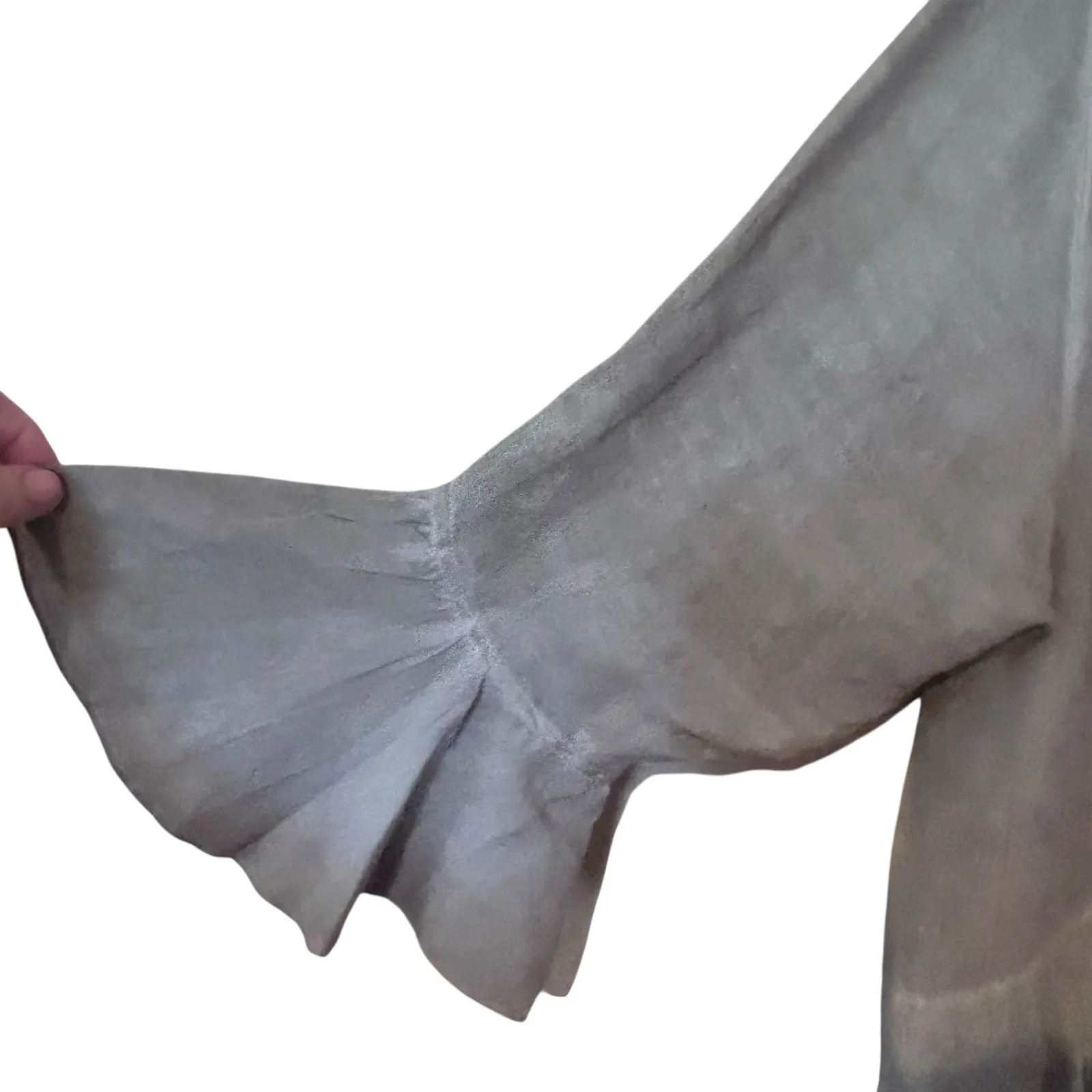 Crosstree Lane Open Top Bell Sleeves Shirttail Ruffle Hem Linen SZ LG Brown Boho - Image 3