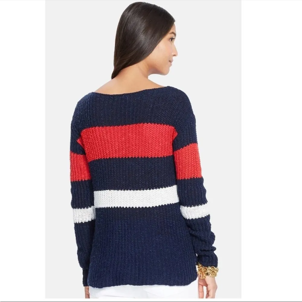 Lauren Ralph Lauren Linen Cotton Open Knit Stripe Sweater Western Sz Large Blue - Image 2