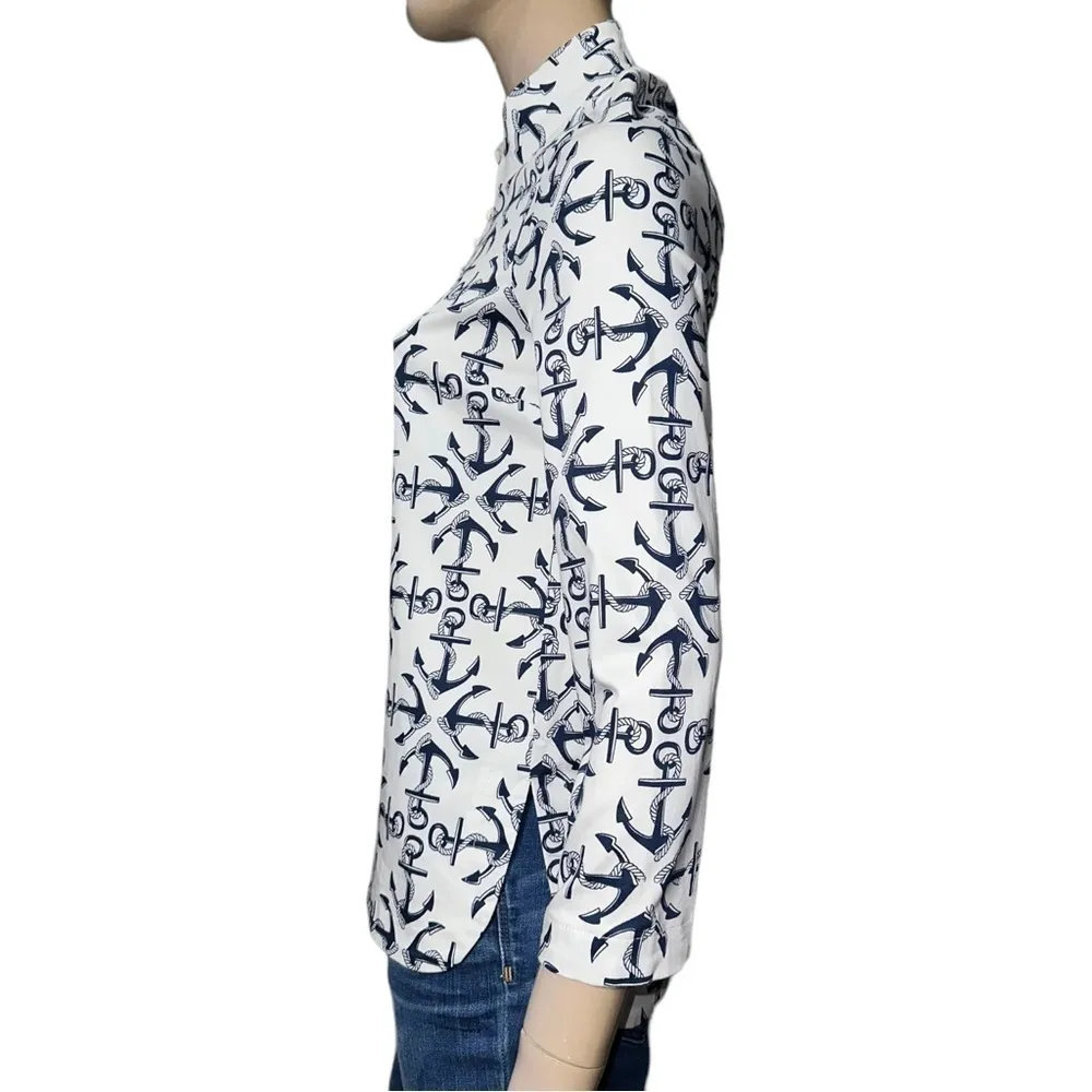 Monelle Women’s Size XS White Navy Blue Anchor Print Nautical Henley Shirt Top - Image 4