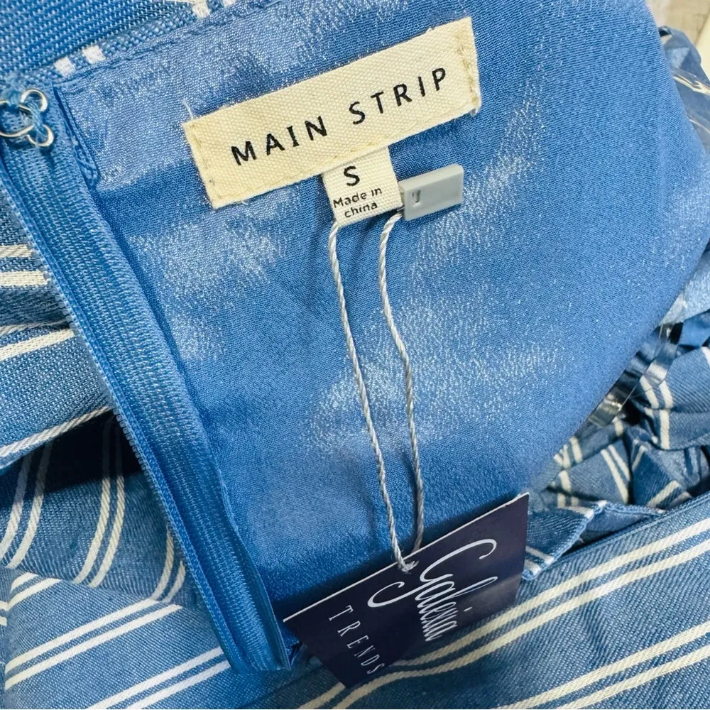 Main Strip Blue Striped Mini Yacht Cut Out Fit and Flare Dress with Pockets Sz S White - Image 13