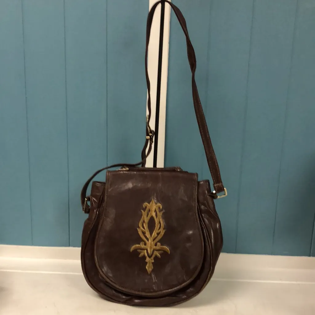 Vtg Pierre Mishael of California La Bon Bag Leather Crossbody Bag w/‎ embroidery Brown - Image 5