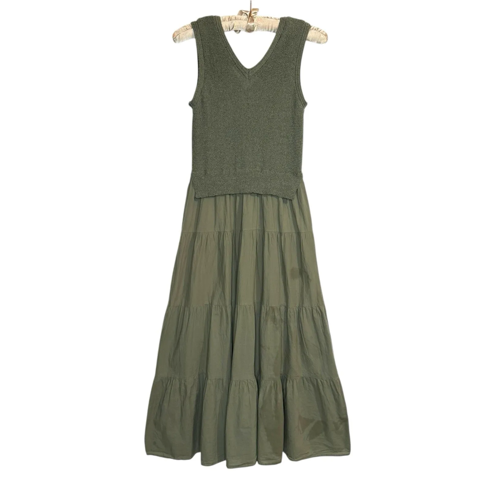 90s‎ Y2K Sweater Midi Dress L Tiered Mixed Media Olive Green Knit Cottagecore - Image 6