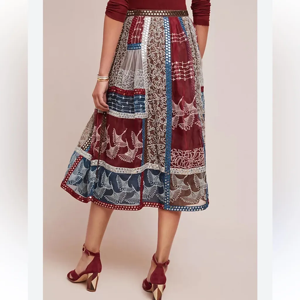Anthropologie Let Me Be Crane Embroidered 100% Silk Sequin Midi Skirt - Image 3