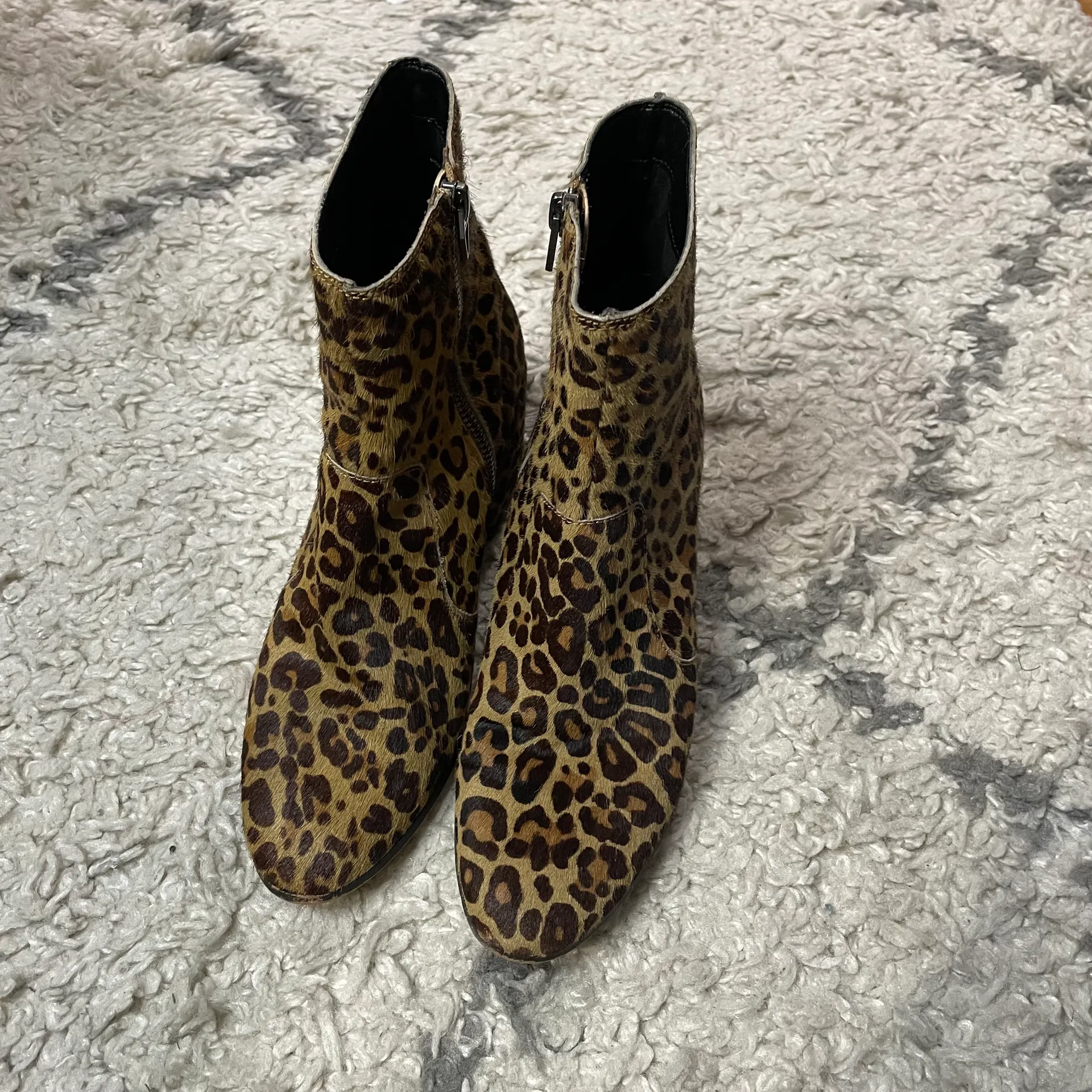Bel Point Toe Booties Dark Leopard Calf Hair Chunky Heel Leather - Image 6