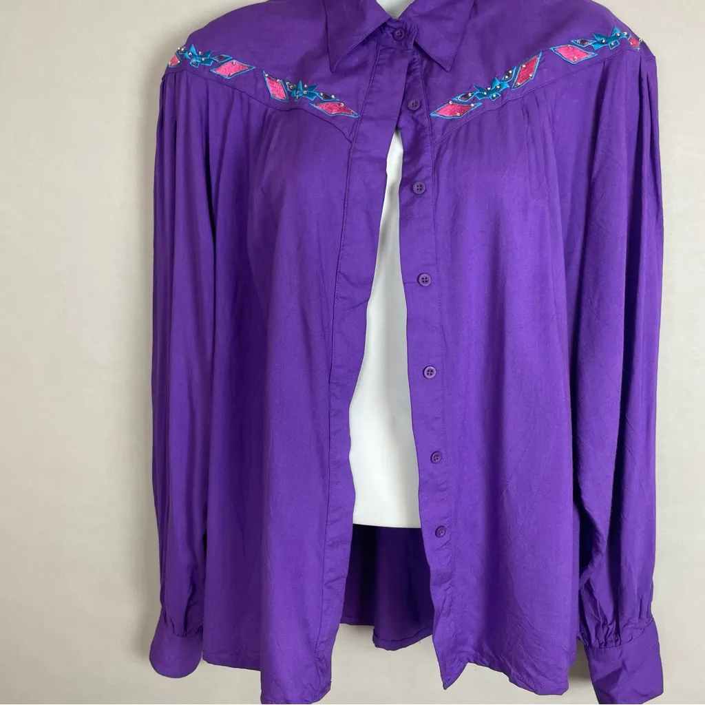 Vintage Wrangler Top Western Embroidery Purple‎ Medium Women Shirt Cowgirl Retro - Image 6