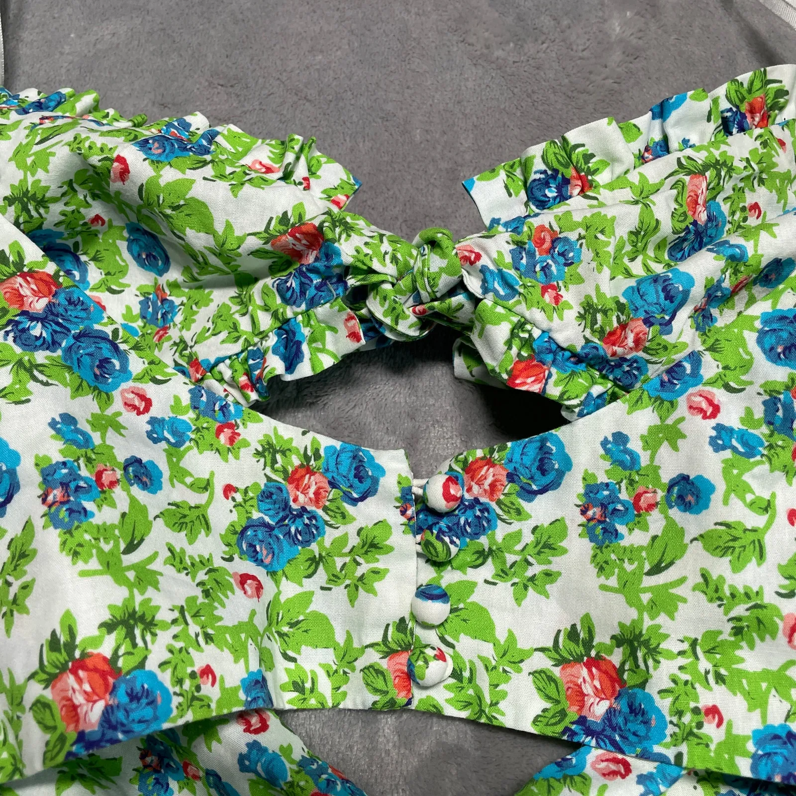 House of Sunny Two Piece Set Women 4 Floral Ruffle Bow Smocked Retro Hot Pants Green - Image 13