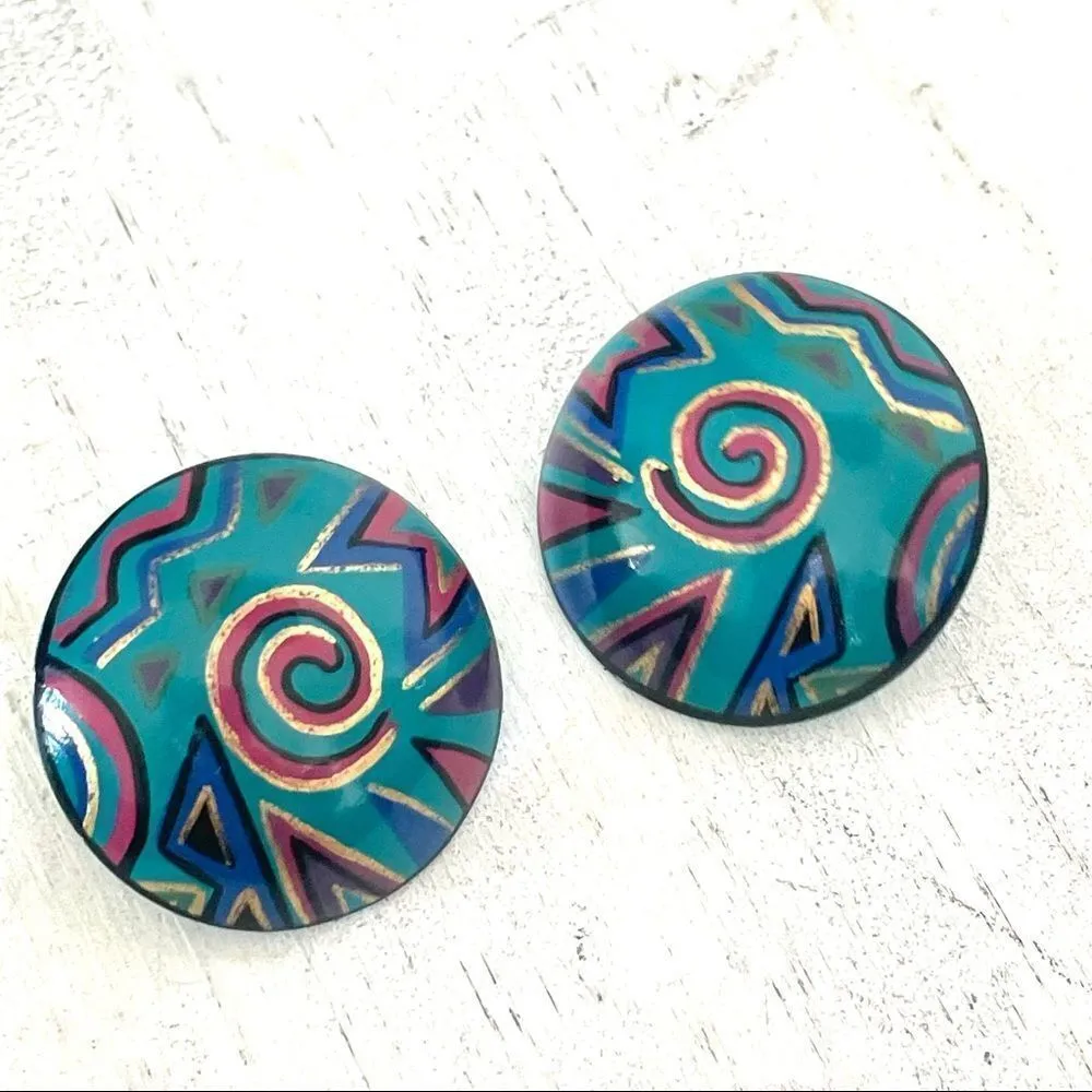Large teal swirl pattern round statement earrings - Image 3