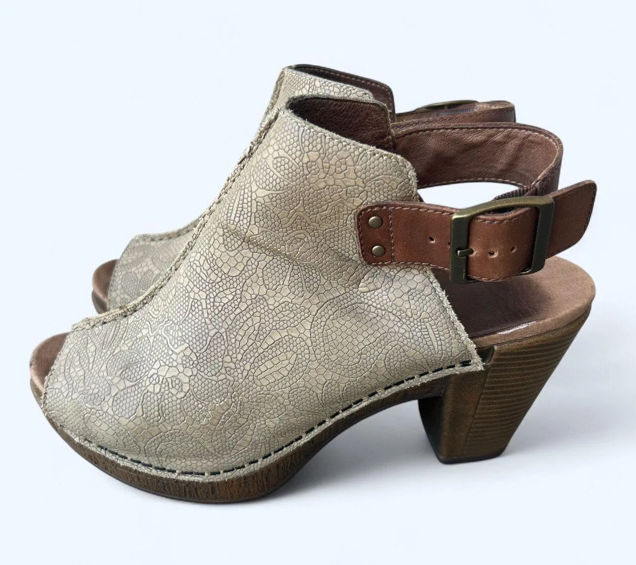 Dansko Reggie Peep Toe Heel Sling Back Tooled Leather Bootie Sandal Taupe sz 39 - Image 9