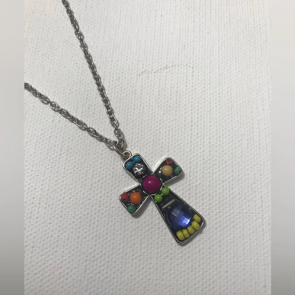 Silver Tone Delicate Colorful Cross Pendant Chain Necklace 19 inches - Image 2