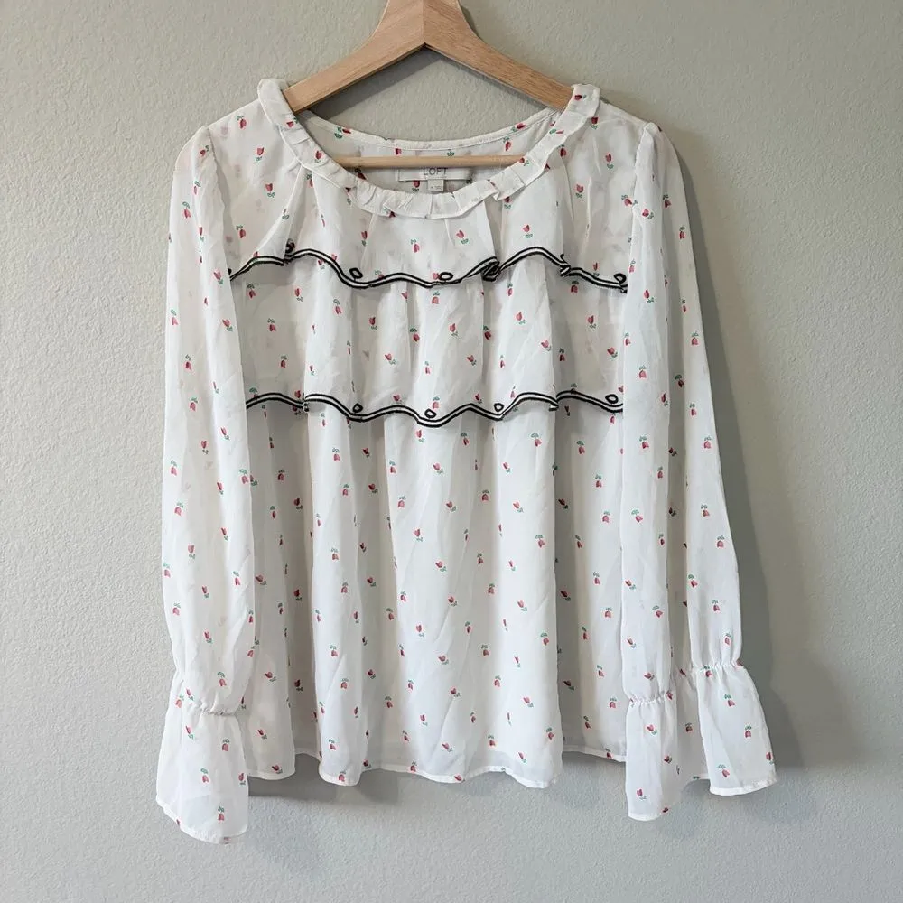 LOFT Ruffle Tulip Long Sleeve Blouse Top Floral Pattern White Black Size Medium - Image 2