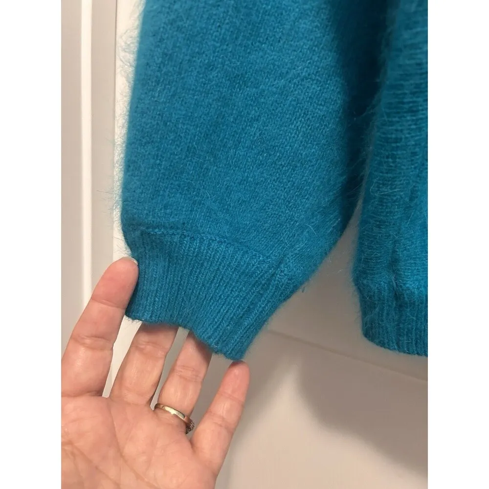 Vintage Women's Medium Teal Blue Angora Rabbit Hair Lambswool Mock Neck Sweater - Image 3