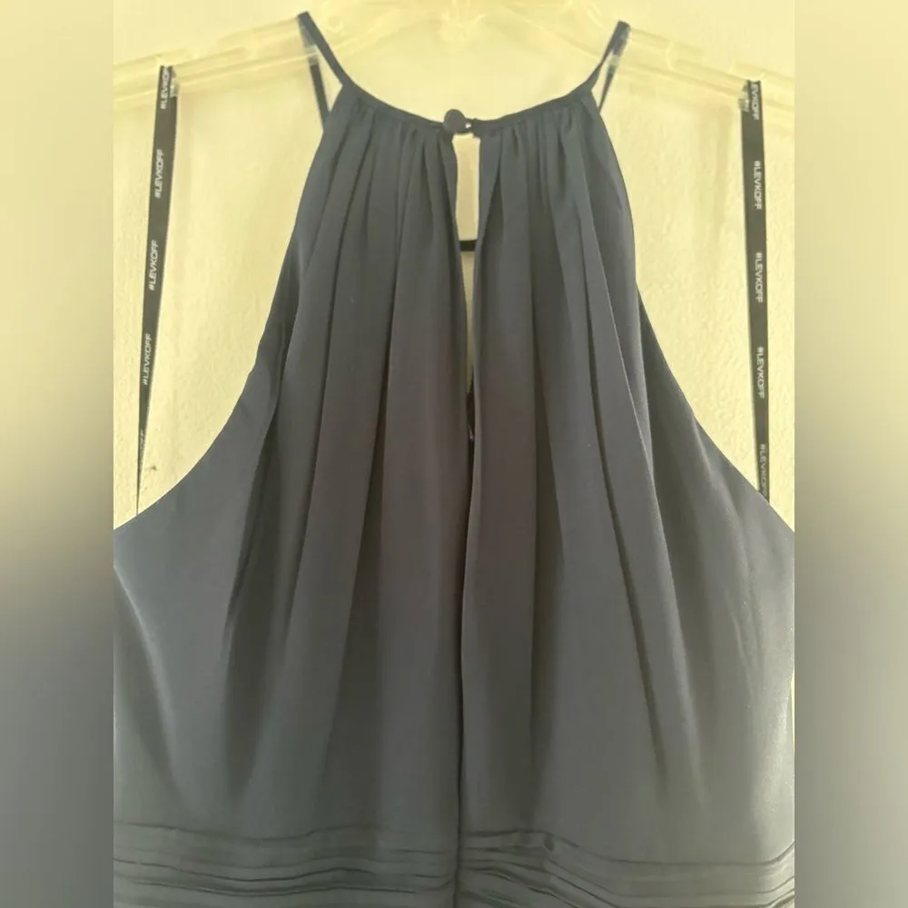 Levkoff keyhole neck navy chiffon a-line long gown size 6 - Image 12