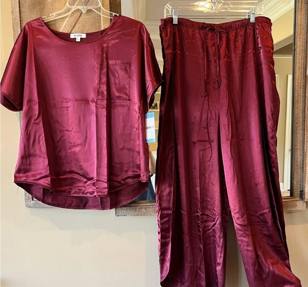 BB Dakota Pajamas Burgundy Silky Satin Loungewear Set Wide Leg Pants Women L New - Image 9