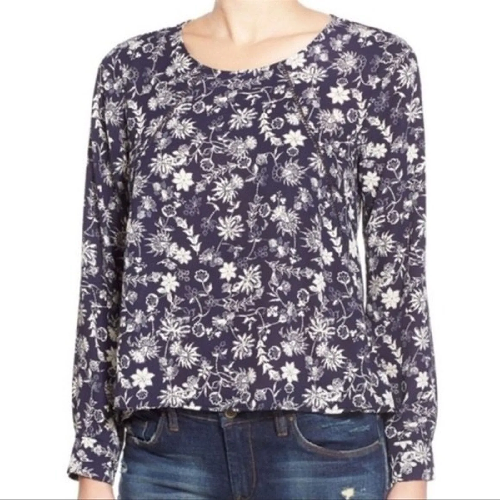 Anthropologie Astr Shirt Womens Medium Navy‎ Blue White Floral Flower Bloomcore - Image 9