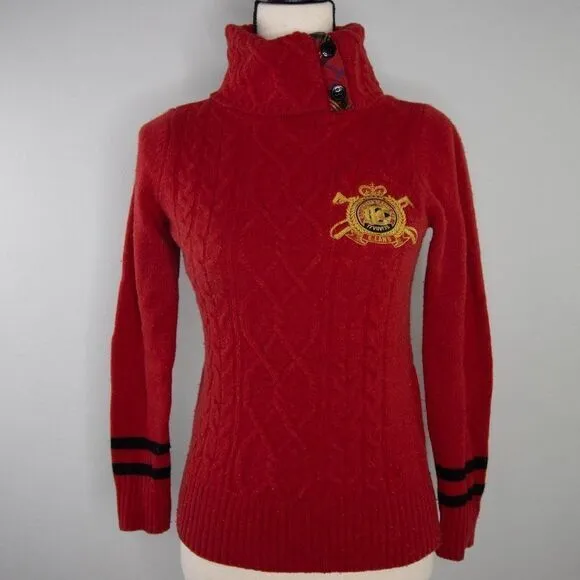 Vintage Red Turtleneck Sweater with Badge, cable knit, Wool blend Red Size XXS - Image 6