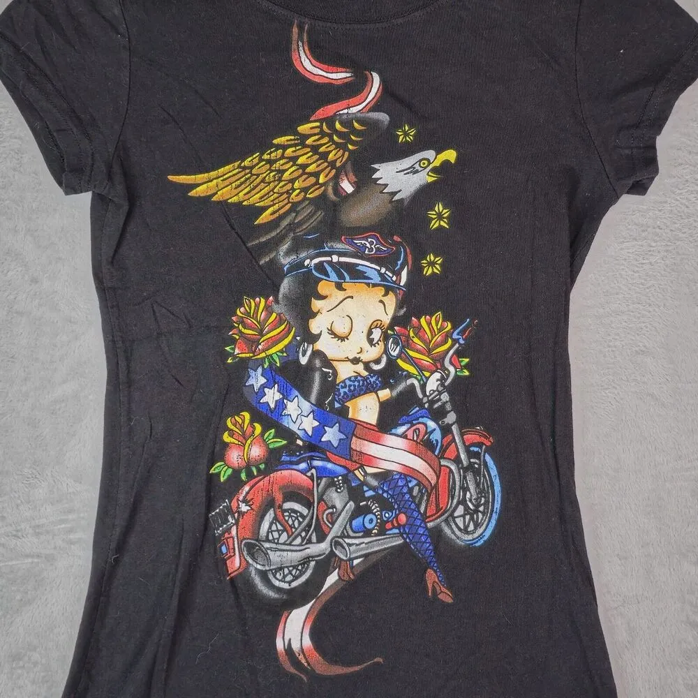 Betty Boop American Traditional Patriotic USA Eagle Motorcycle T-Shirt M 7/9 - Image 3