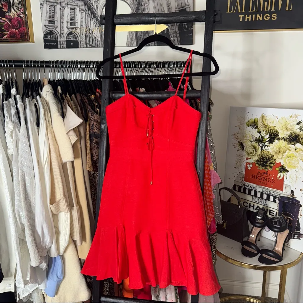 Ever New Melbourne Red Corset Style Flounce Hem Mini Linen Blend Dress Womens 2 - Image 4