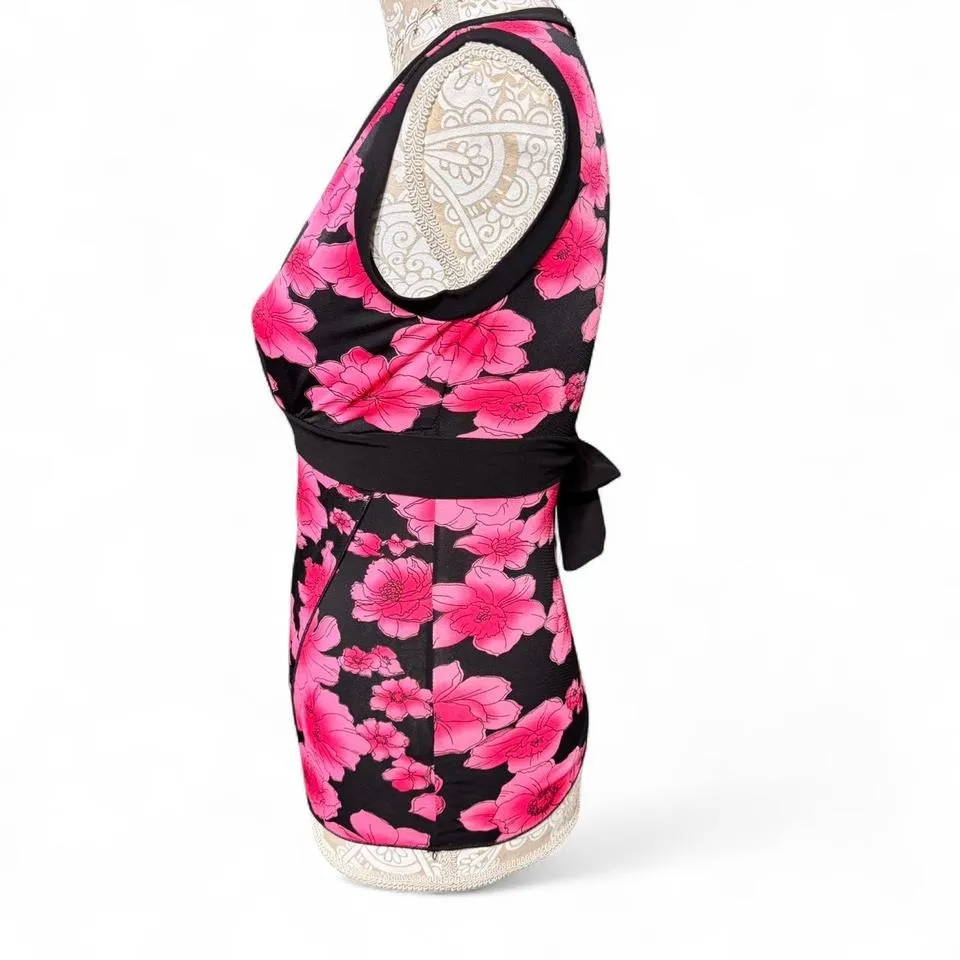 Y2K Black Pink Floral Wrap Top Tie Back Women's Small Sleeveless V Neck USA Made - Image 5